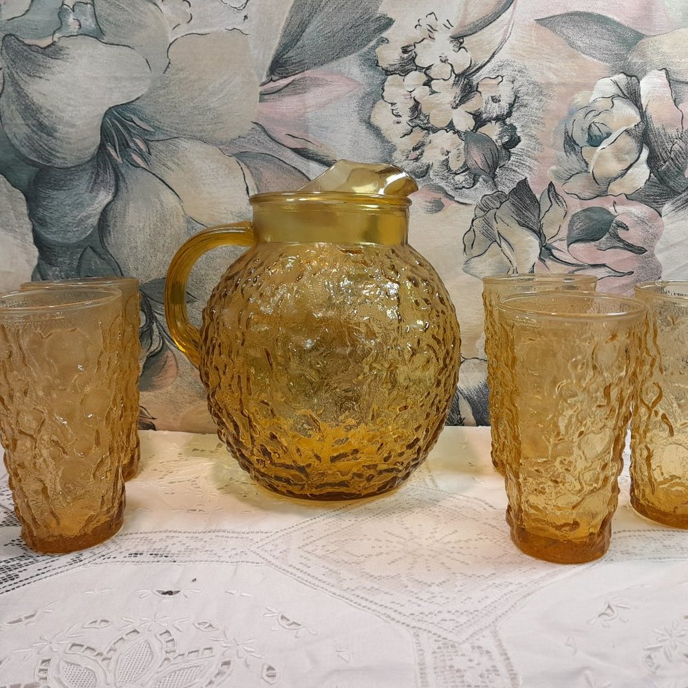 Vintage Anchor Hocking Lido Gold Pitcher and Glasses Set 🌟